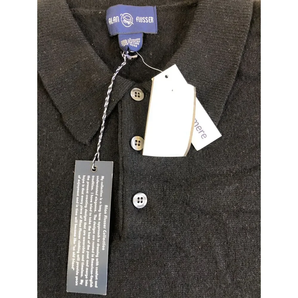 Vtg Y2K NWT Alan Flusser 100% Pure Cashmere Long Sleeve Polo Sweater Black Men M